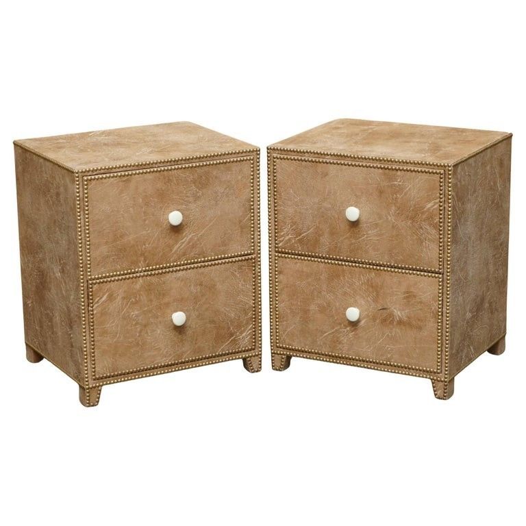 Lovely Pair Of Heritage Brown Leather Nightstand Bedside Side End Table Drawers