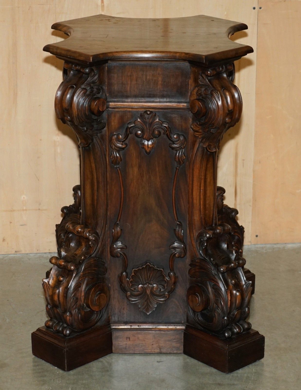 photo buy Super Decorative Antique Flamed Mahogany Heavily Carved Display Pedestal