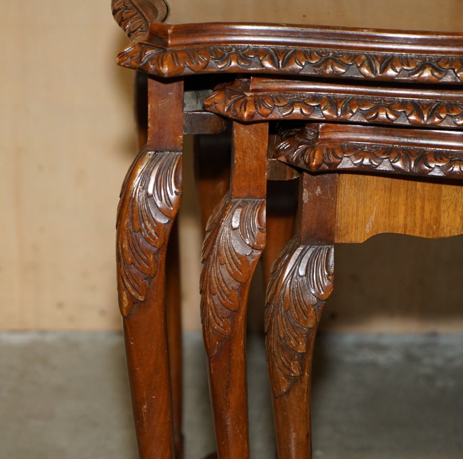 Lovely Vintage Nest Of Three Burr Walnut Claw & Ball Feet Side End Wine Tables photo vinterior