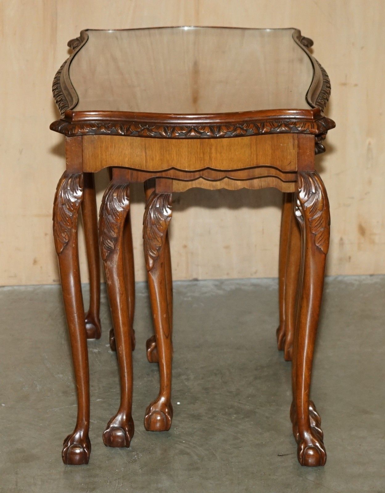 photo for sale Lovely Vintage Nest Of Three Burr Walnut Claw & Ball Feet Side End Wine Tables