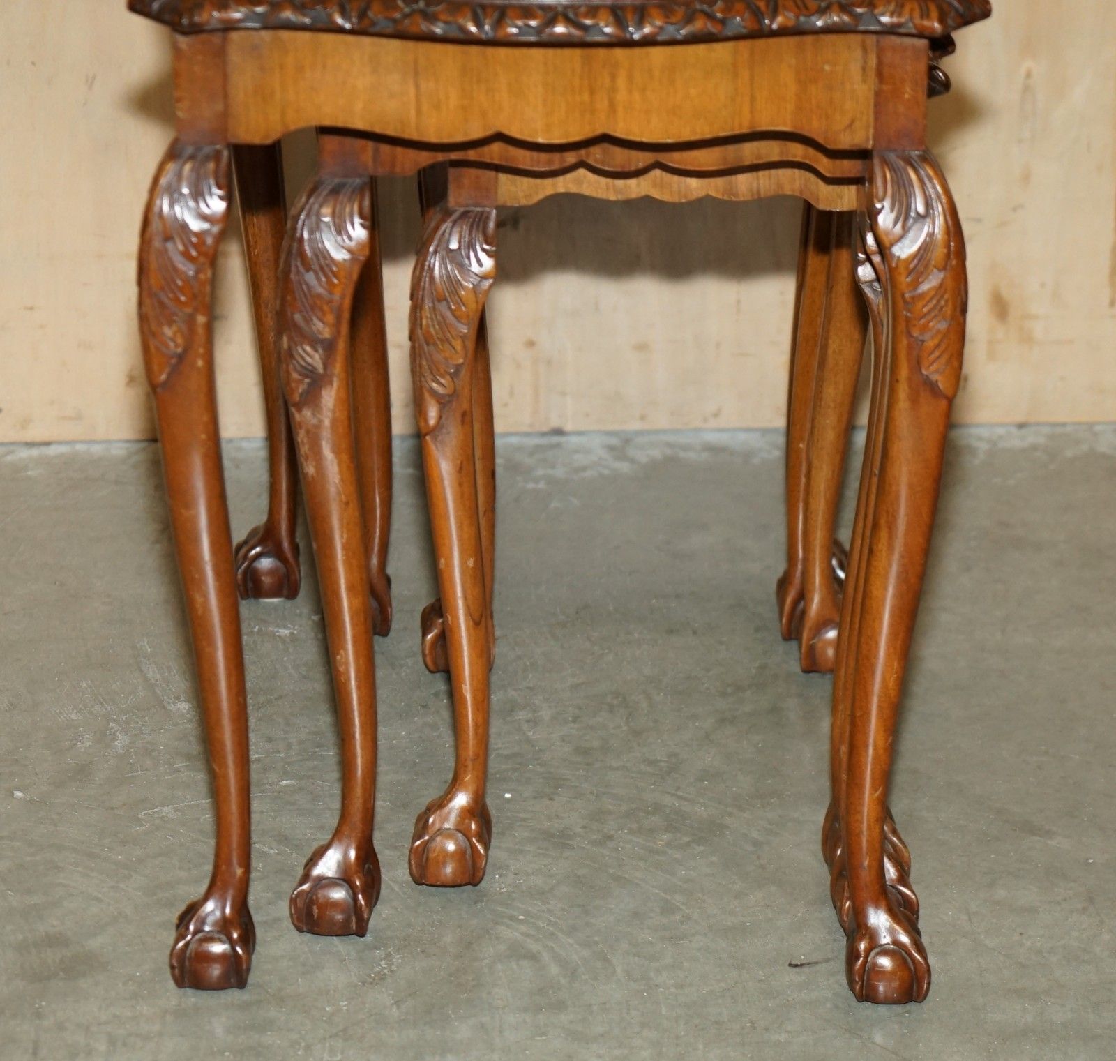 1250.0 Lovely Vintage Nest Of Three Burr Walnut Claw & Ball Feet Side End Wine Tables photo