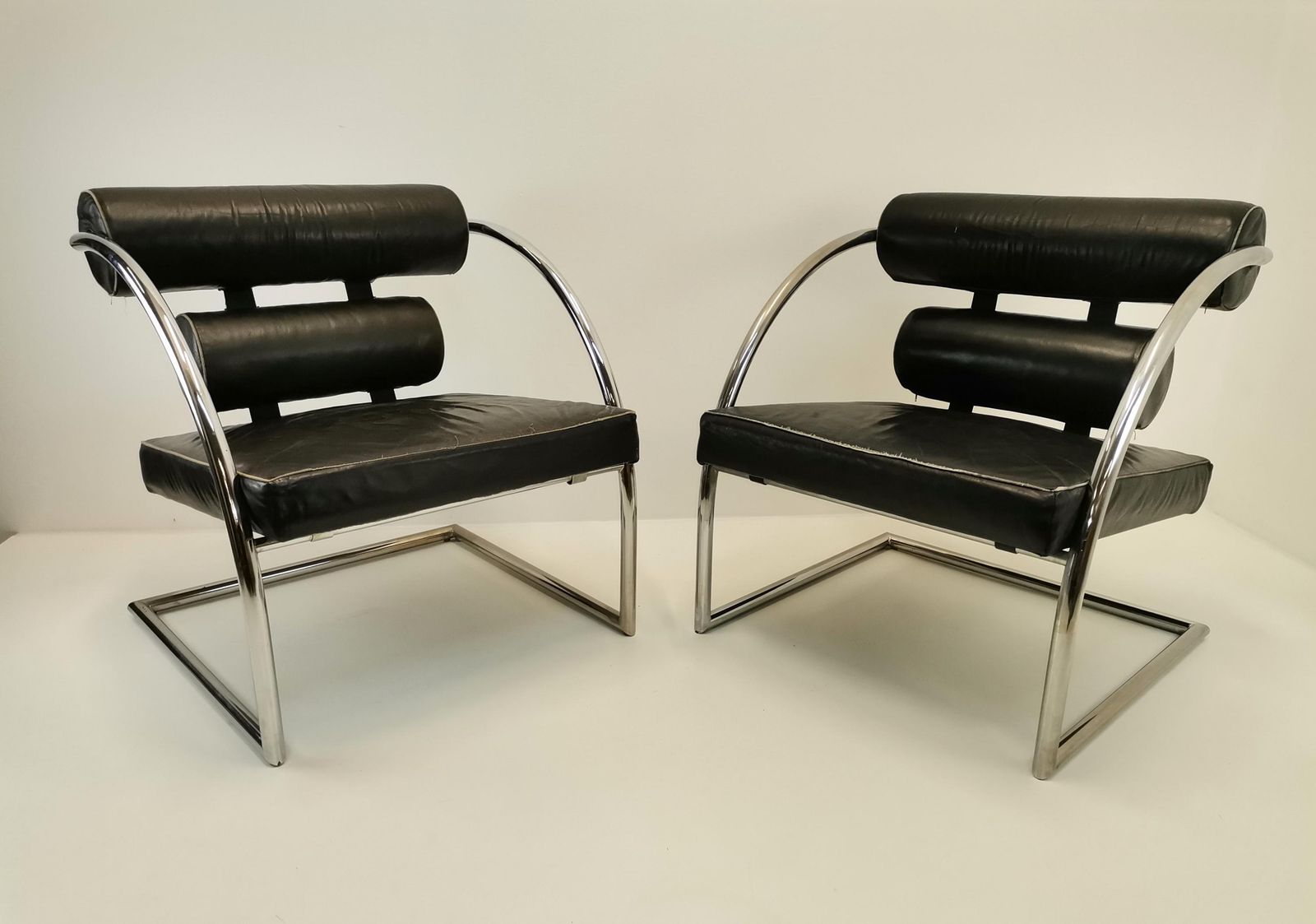 Vintage Chrome And Black Leather Lounge Chairs / Bauhaus Style Armchair From 1970s Yugoslavia photo for sale