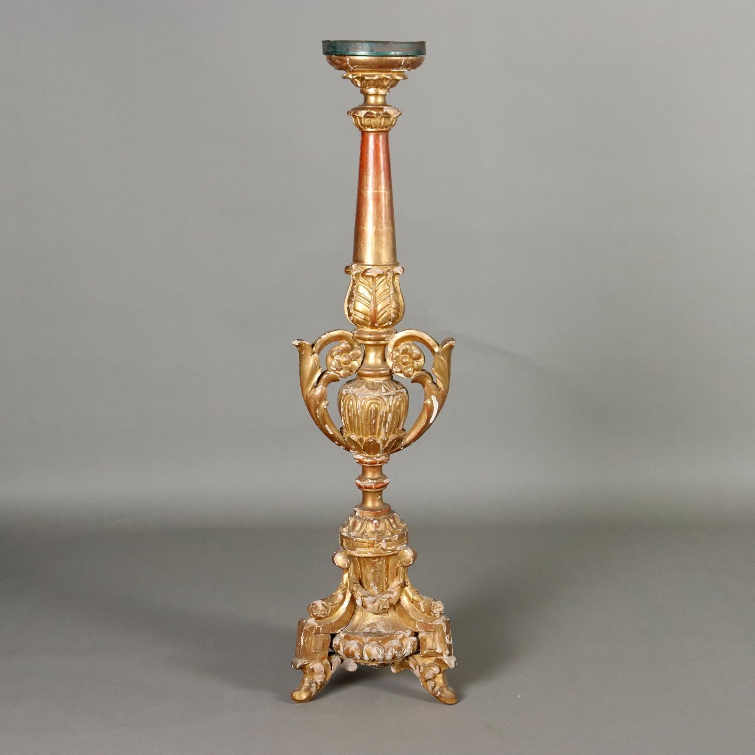 Antique Eclectic Candle Holder Carved And Gilded Wood XIX Century