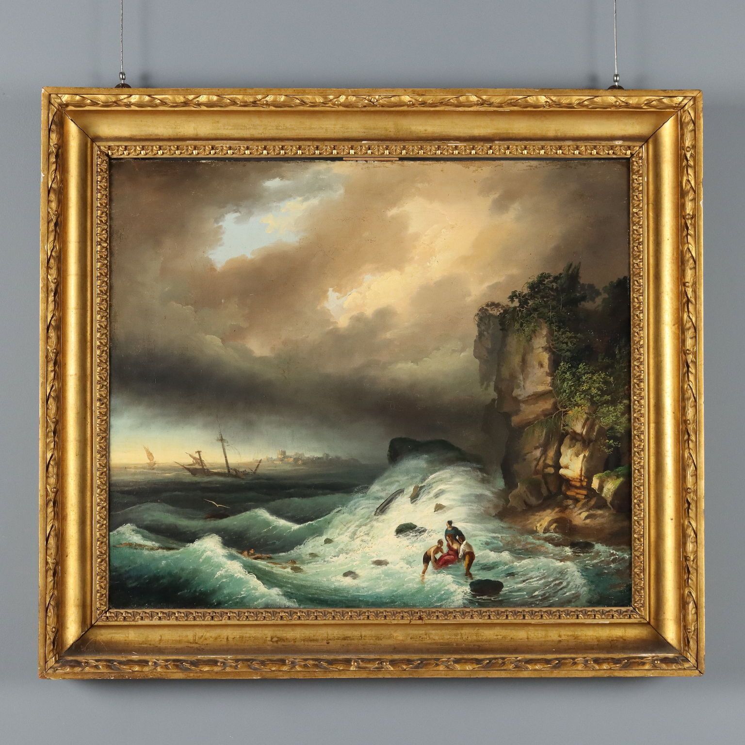 Antique Painting The Shipwreck Oil On Canvas Italy XIX Century