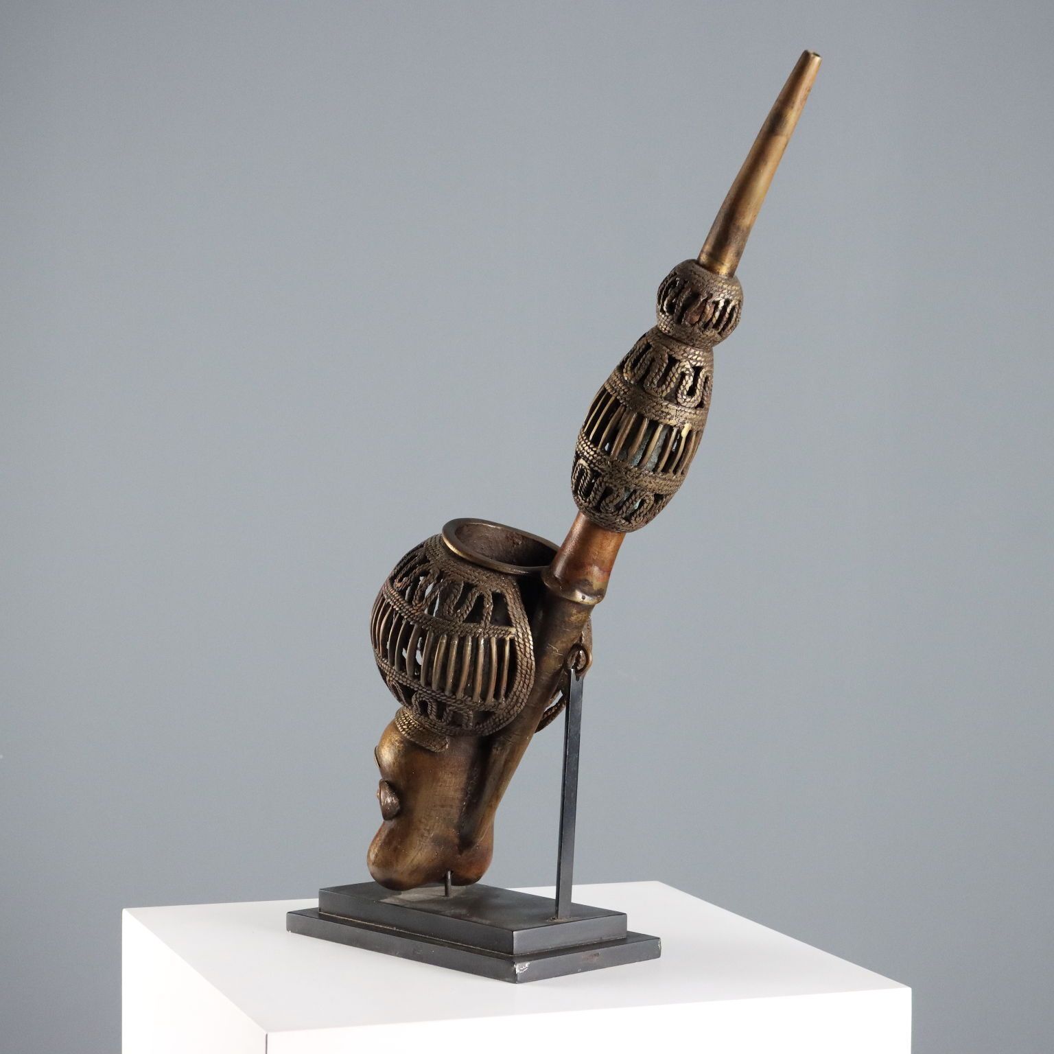 Ethnic Pipe Bronze Bamun Art Camerun Africa XX Century photo vintage