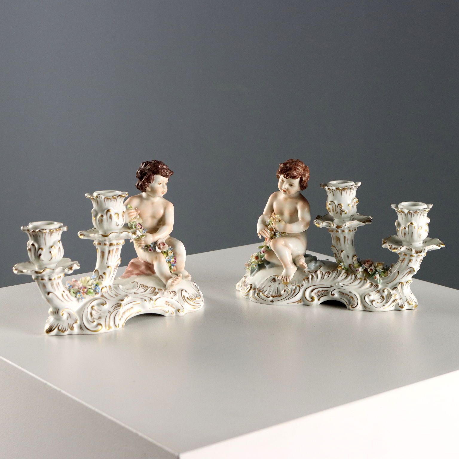 Antique Candle Holders Porcelain Capodimonte XX Century