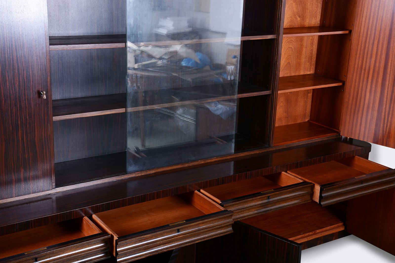 Restored Art Deco Bookcase, Oak, Macassar Ebony, Polished, France, 1920s photo Furniture