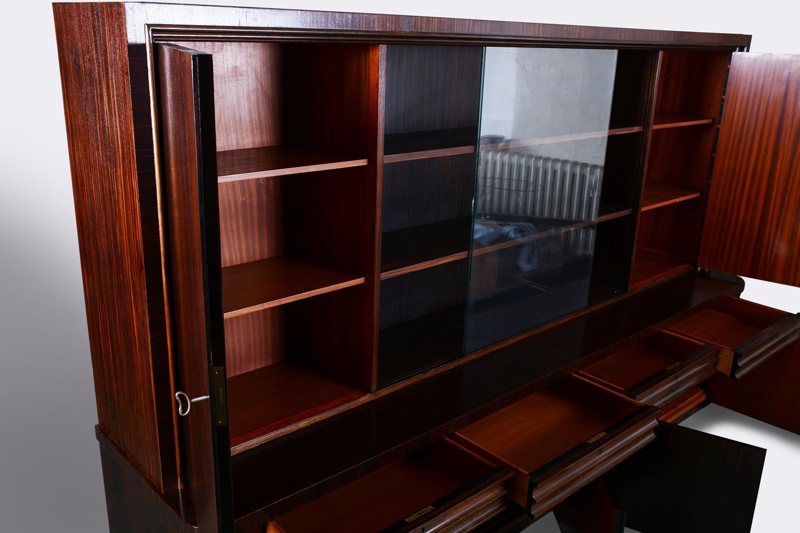 Restored Art Deco Bookcase, Oak, Macassar Ebony, Polished, France, 1920s photo vintage