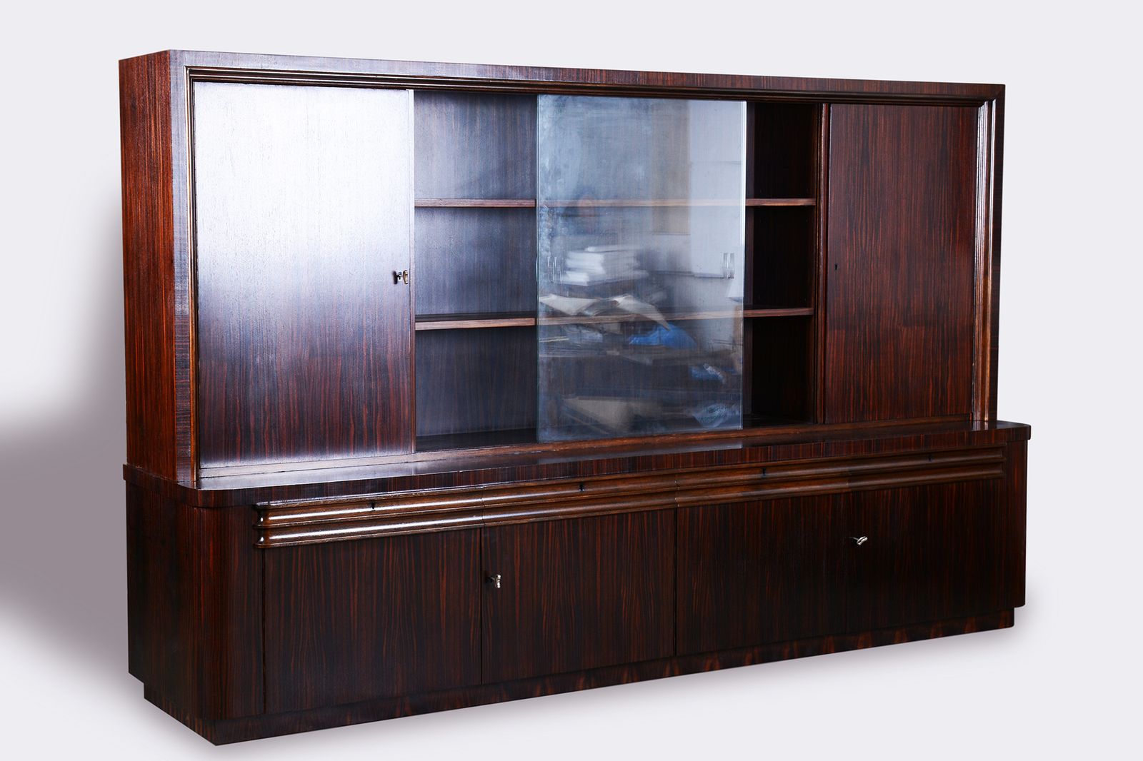 Restored Art Deco Bookcase, Oak, Macassar Ebony, Polished, France, 1920s