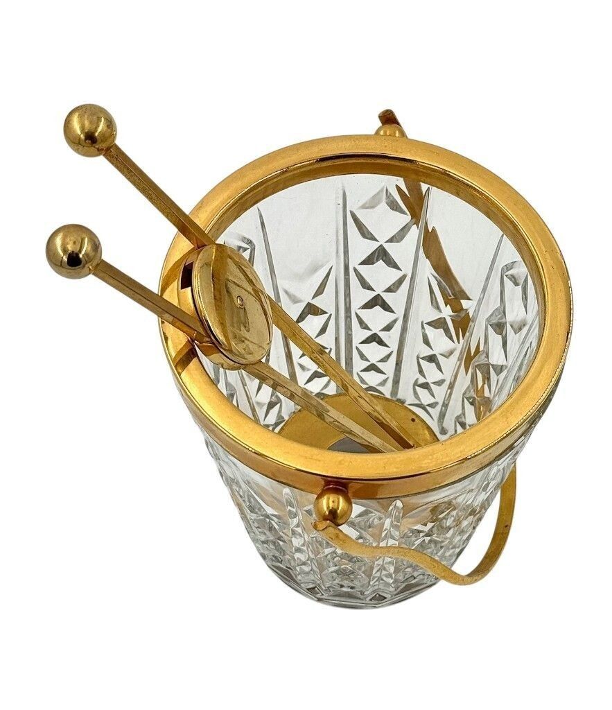 A 1960s Val Saint Lambert Crystal And Gold Plated Ice Bucket With Ice Grabbers photo for sale