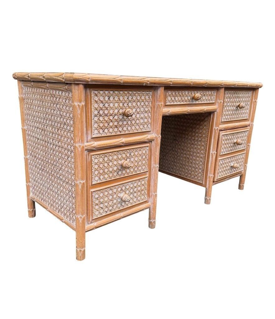 A 1980s Colonial Style Carved Wood And Rattan Desk By Roche Bobois photo for sale