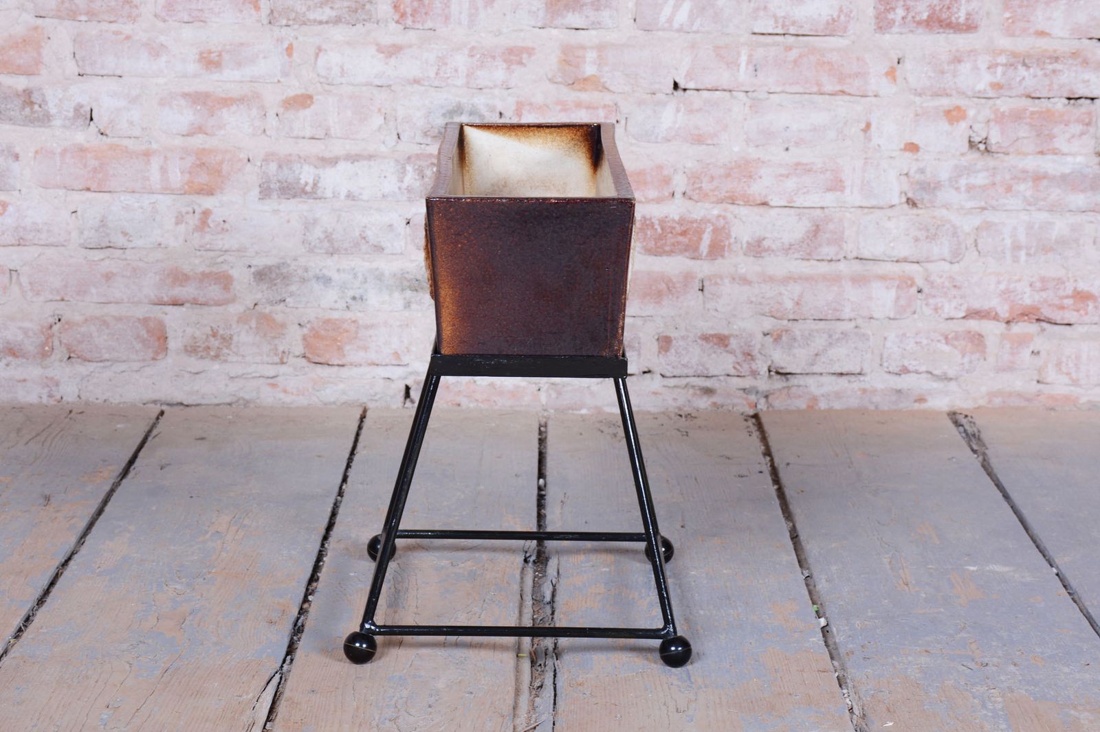 Original Mid Century Flower Pot With Stand, Ceramic, Steel, Czech, 1960s photo vinterior