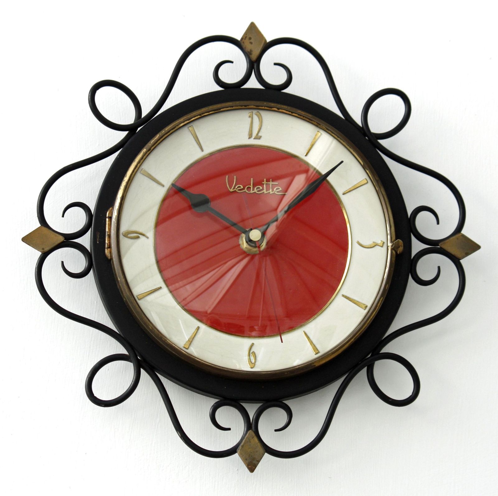 Vintage Vedette Wall Clock   26cm Sunburst French Starburst Metal Retro Mid Century Ornate Clock Gift Off The Wall Clocks
