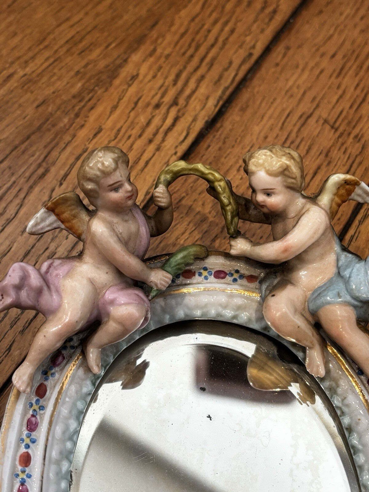 Pair Of Small Winged Cherub Porcelain Wall Mirrors, German, Possibly Meissen photo 230.0