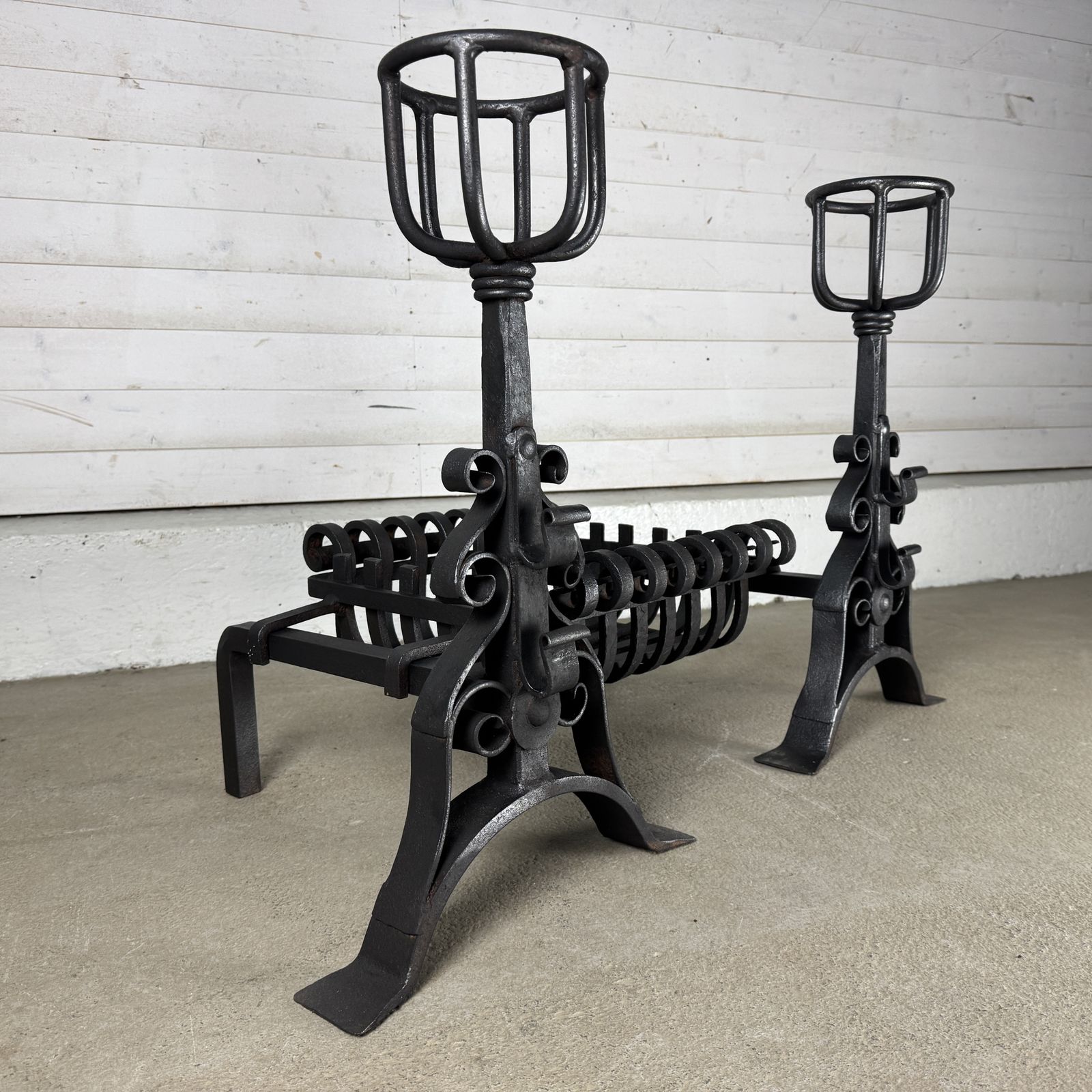 Reclaimed Iron Fire Basket Of Dogs With Scroll Design photo vinterior