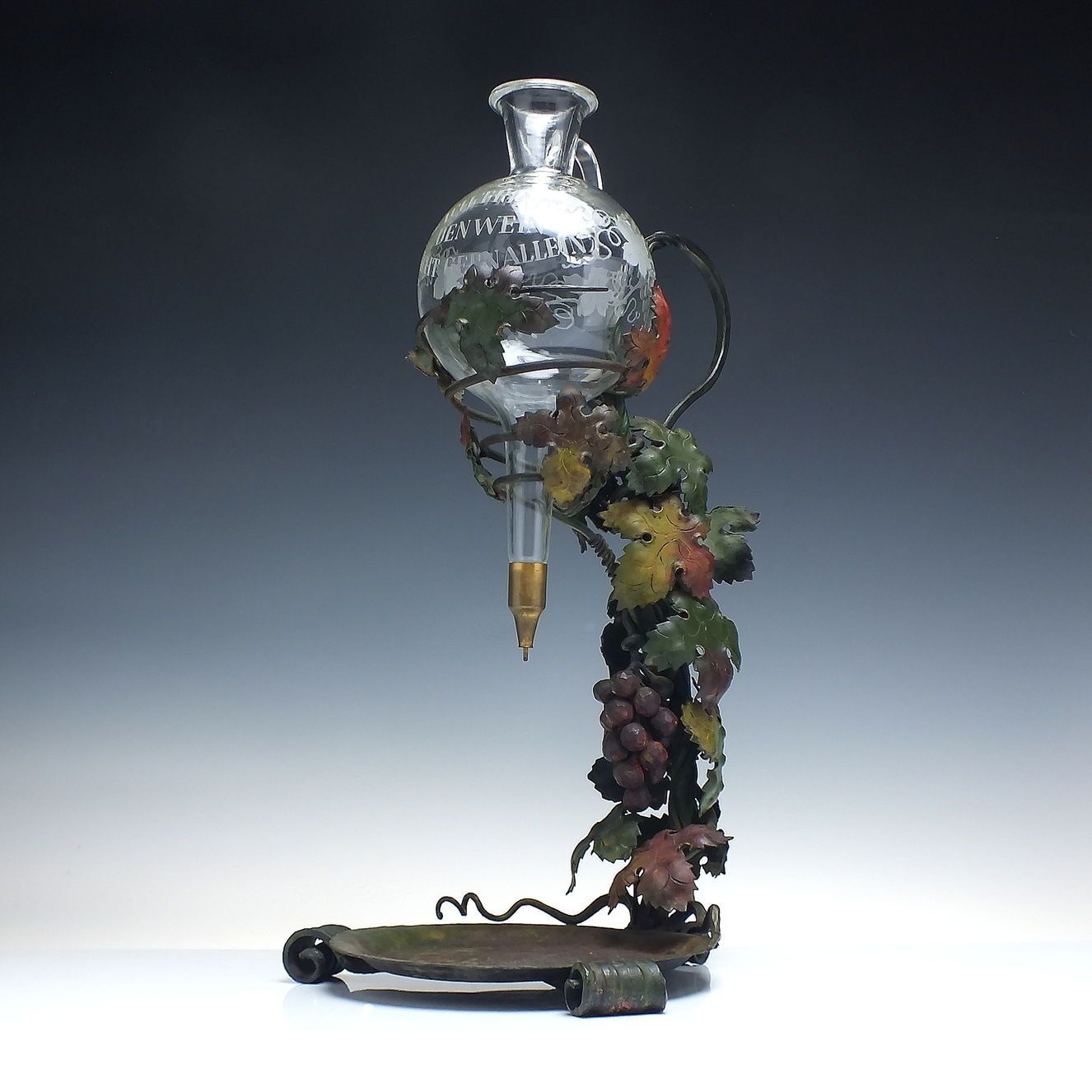 Exceptional Art Nouveau Wrought Iron Engraved Glass Wine Carafe Dispenser C1900