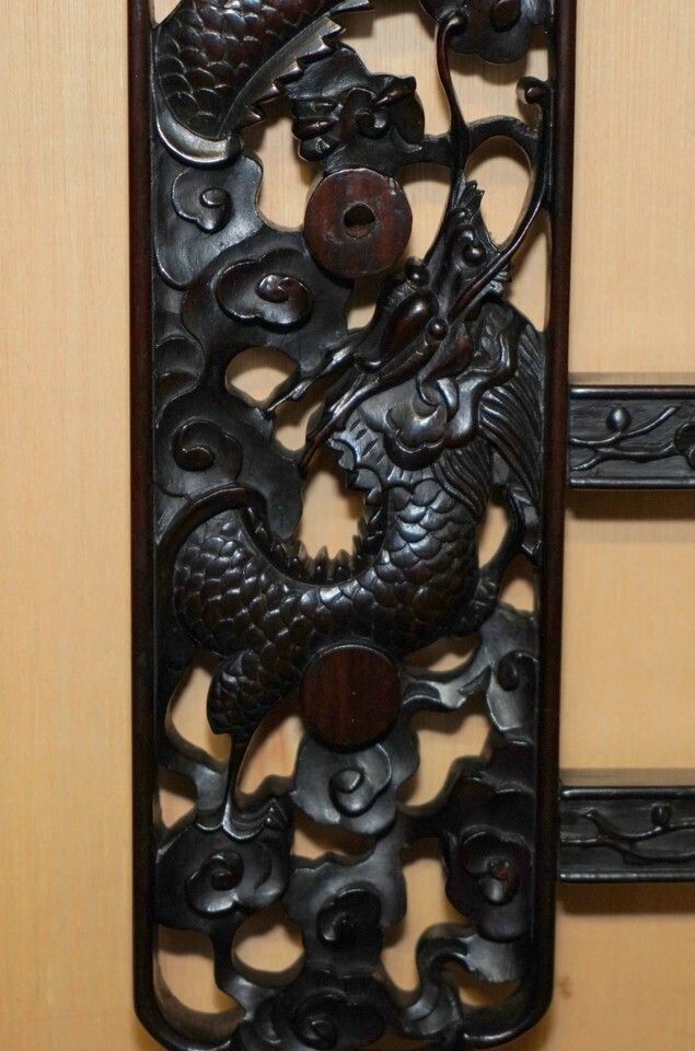 Lovely Ornately Carved Vintage Chinese Dragon Wall Mirror With Original Plate photo vintage