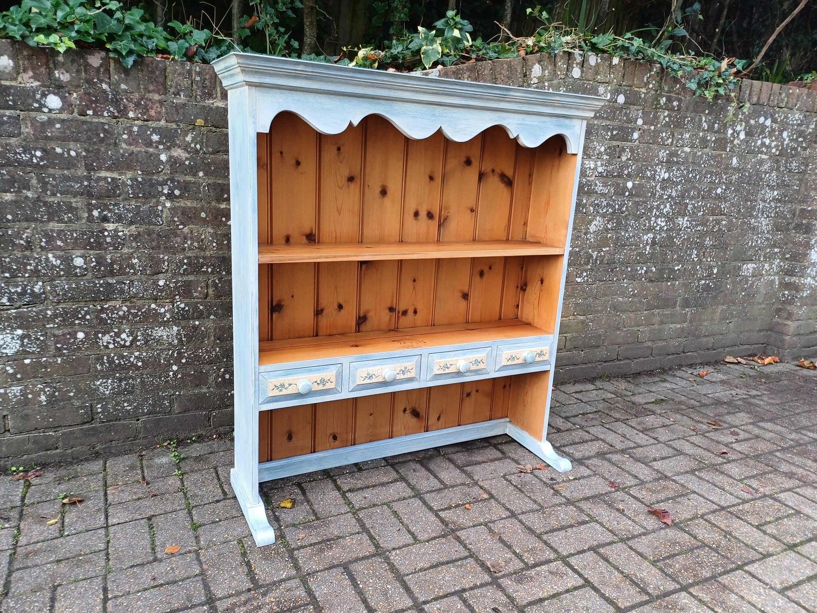 Rustic Pine Dresser Top Wall Shelf With Drawers Hand Painted Blue Distressed Finish Country Cottage Kitchen Storage Unit photo vintage