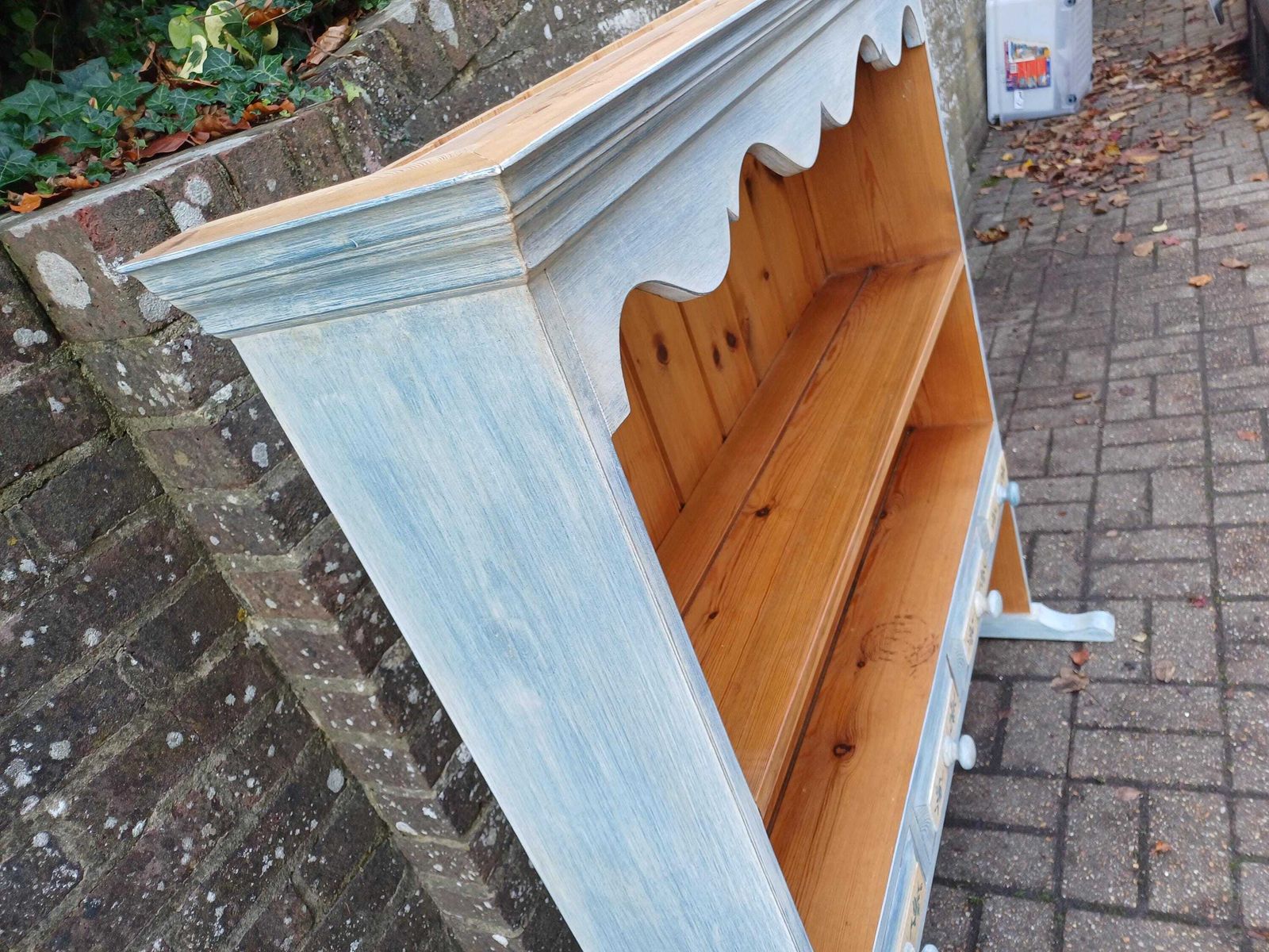 photo for sale Rustic Pine Dresser Top Wall Shelf With Drawers Hand Painted Blue Distressed Finish Country Cottage Kitchen Storage Unit