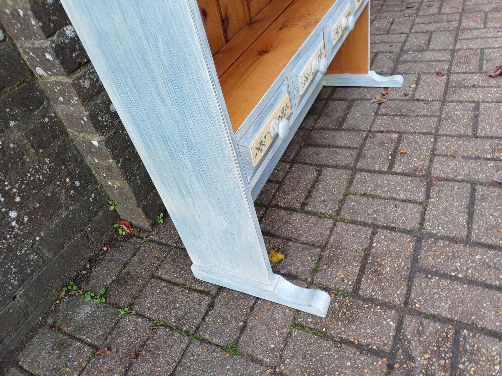 395.0 Rustic Pine Dresser Top Wall Shelf With Drawers Hand Painted Blue Distressed Finish Country Cottage Kitchen Storage Unit photo