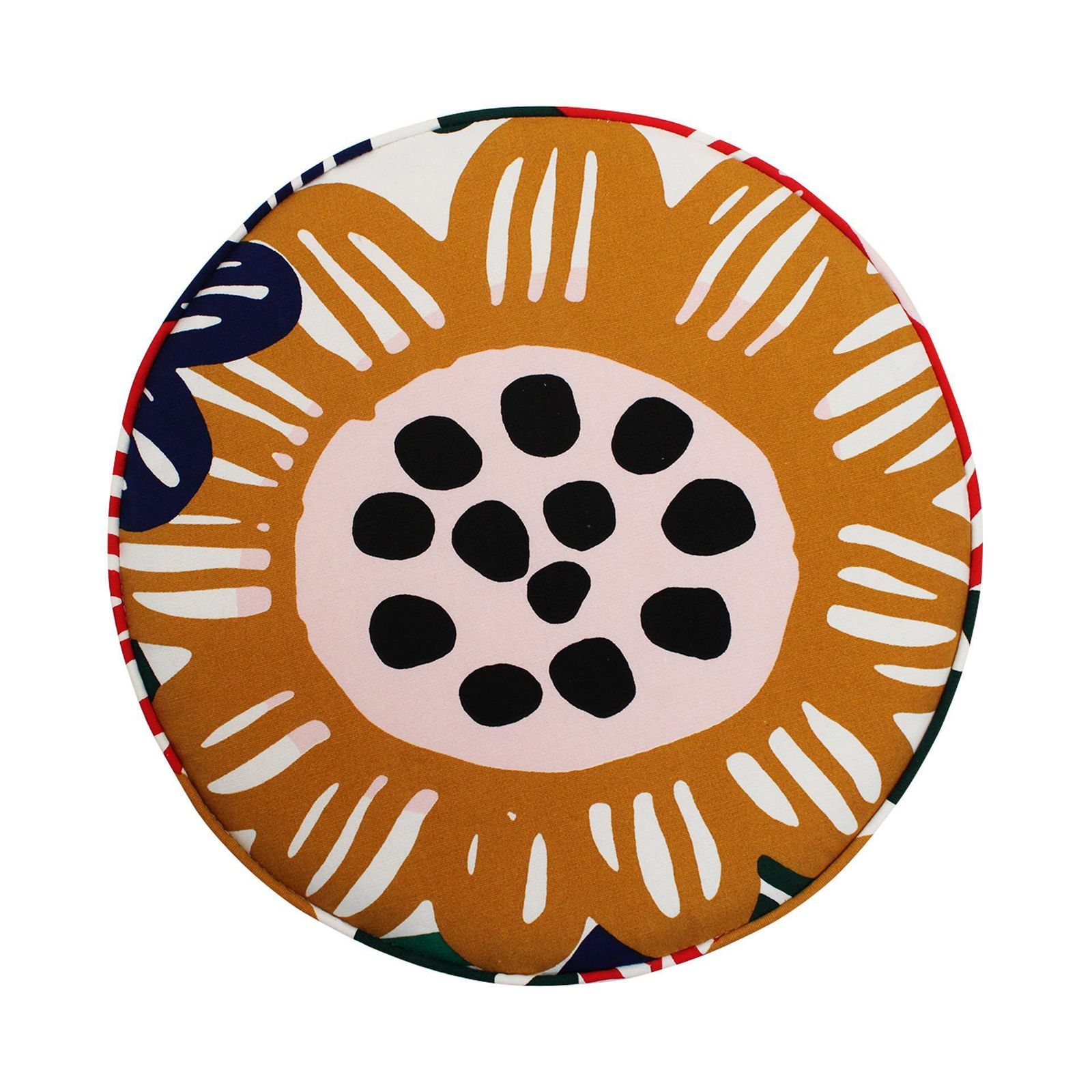 photo furniture Pair Of Contemporary Italian Circular Poufs In Multicolored Fabric With Floral Motifs