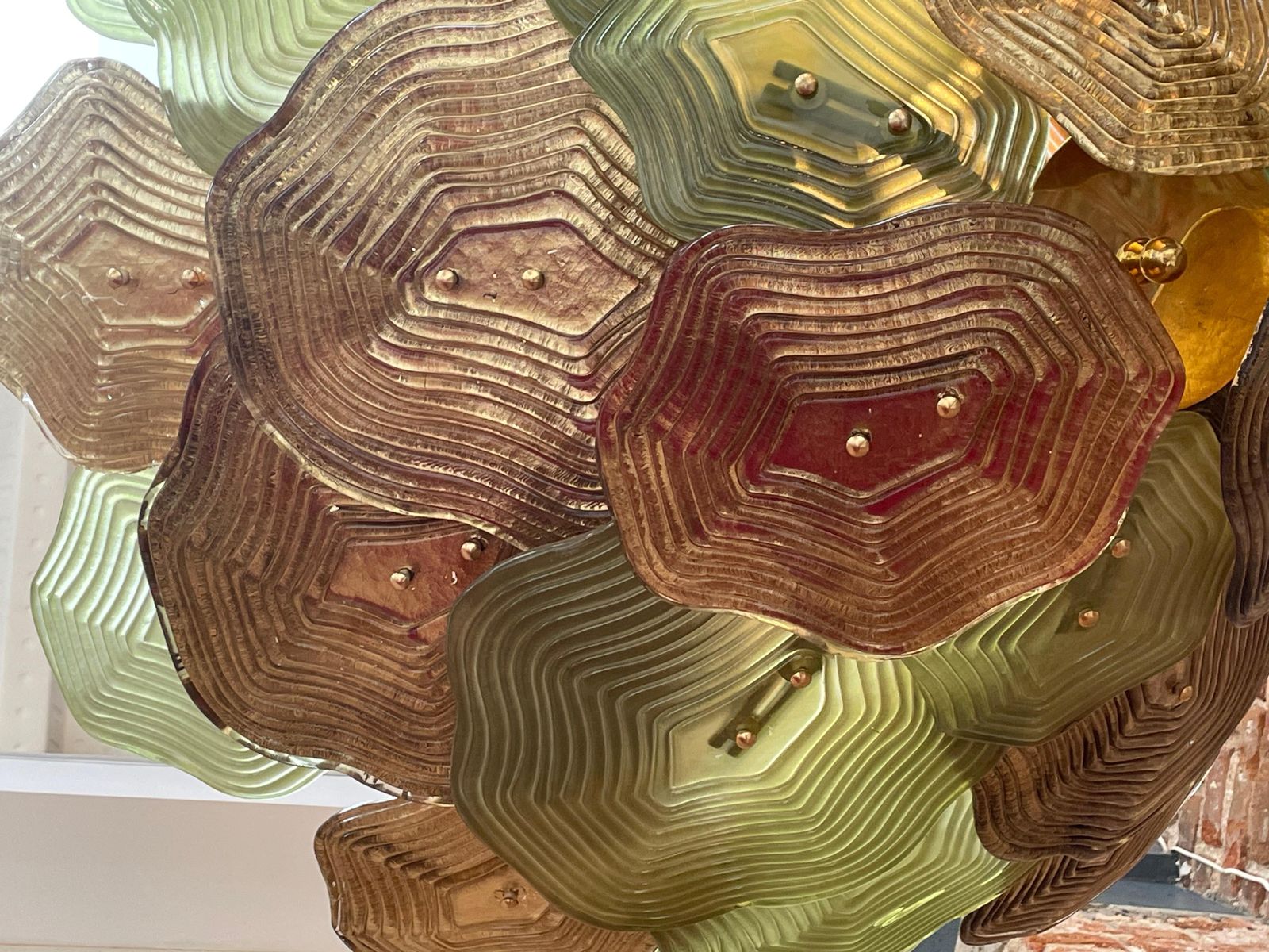 Multicolored Glass Ceiling Lamp In Green, Brown And Gold From Murano, Italy. photo buy