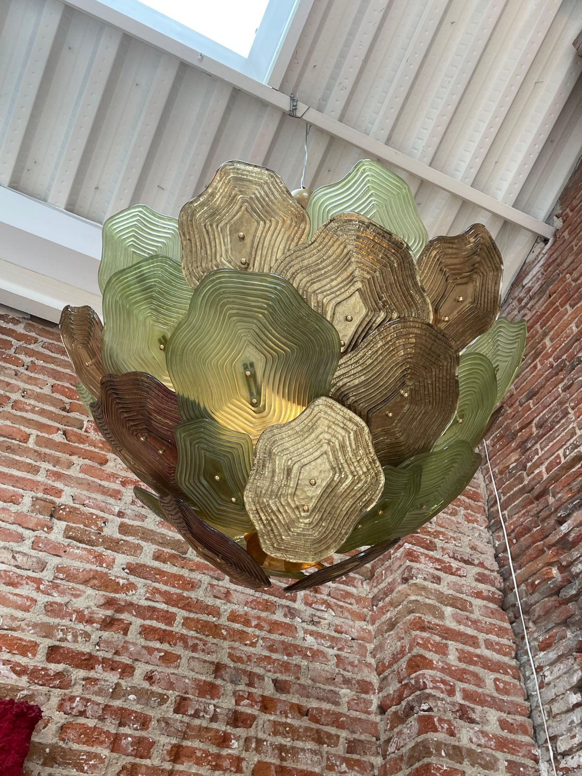 photo for sale Multicolored Glass Ceiling Lamp In Green, Brown And Gold From Murano, Italy.