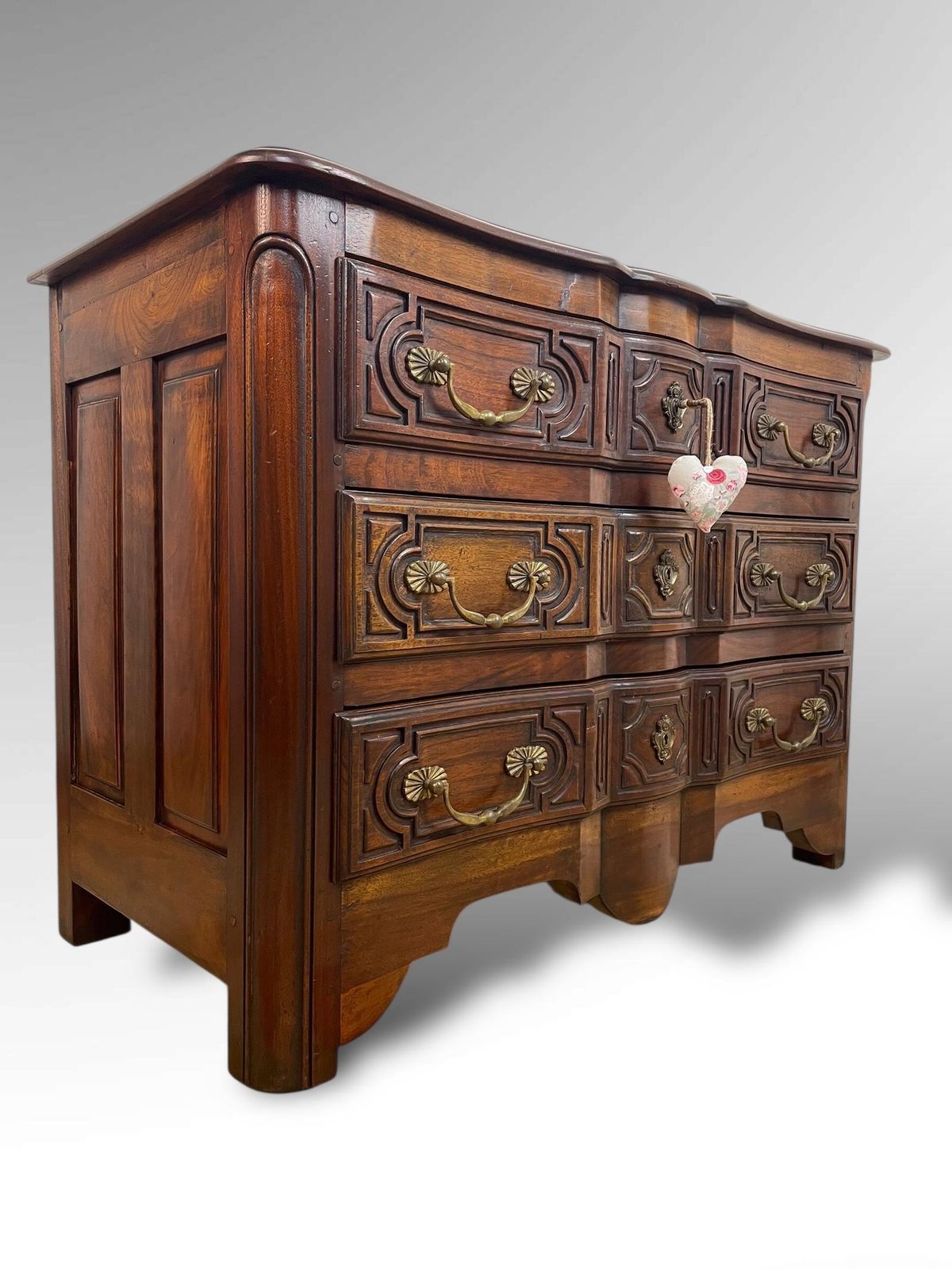 Antique Walnut Commode With Carved Panels & Brass Handles photo furniture