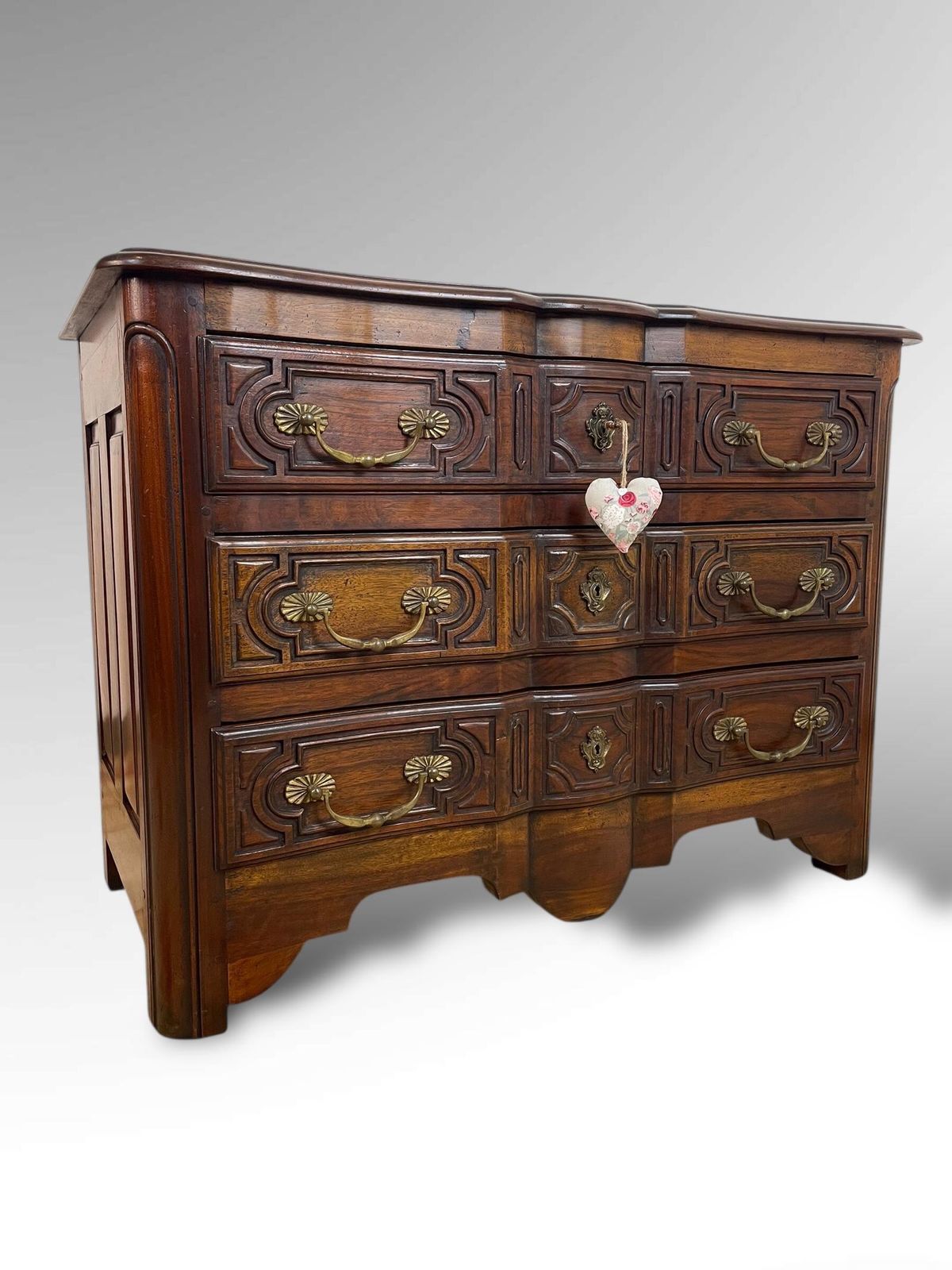 Antique Walnut Commode With Carved Panels & Brass Handles photo Furniture