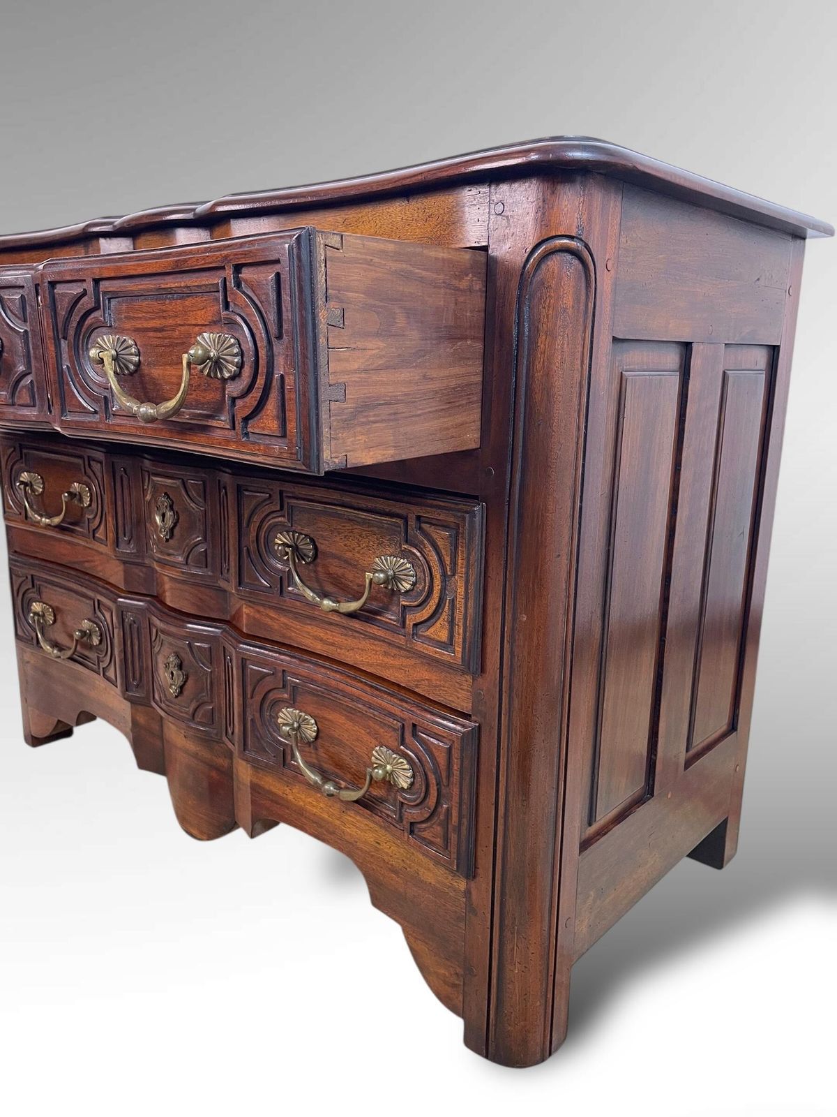 photo buy Antique Walnut Commode With Carved Panels & Brass Handles