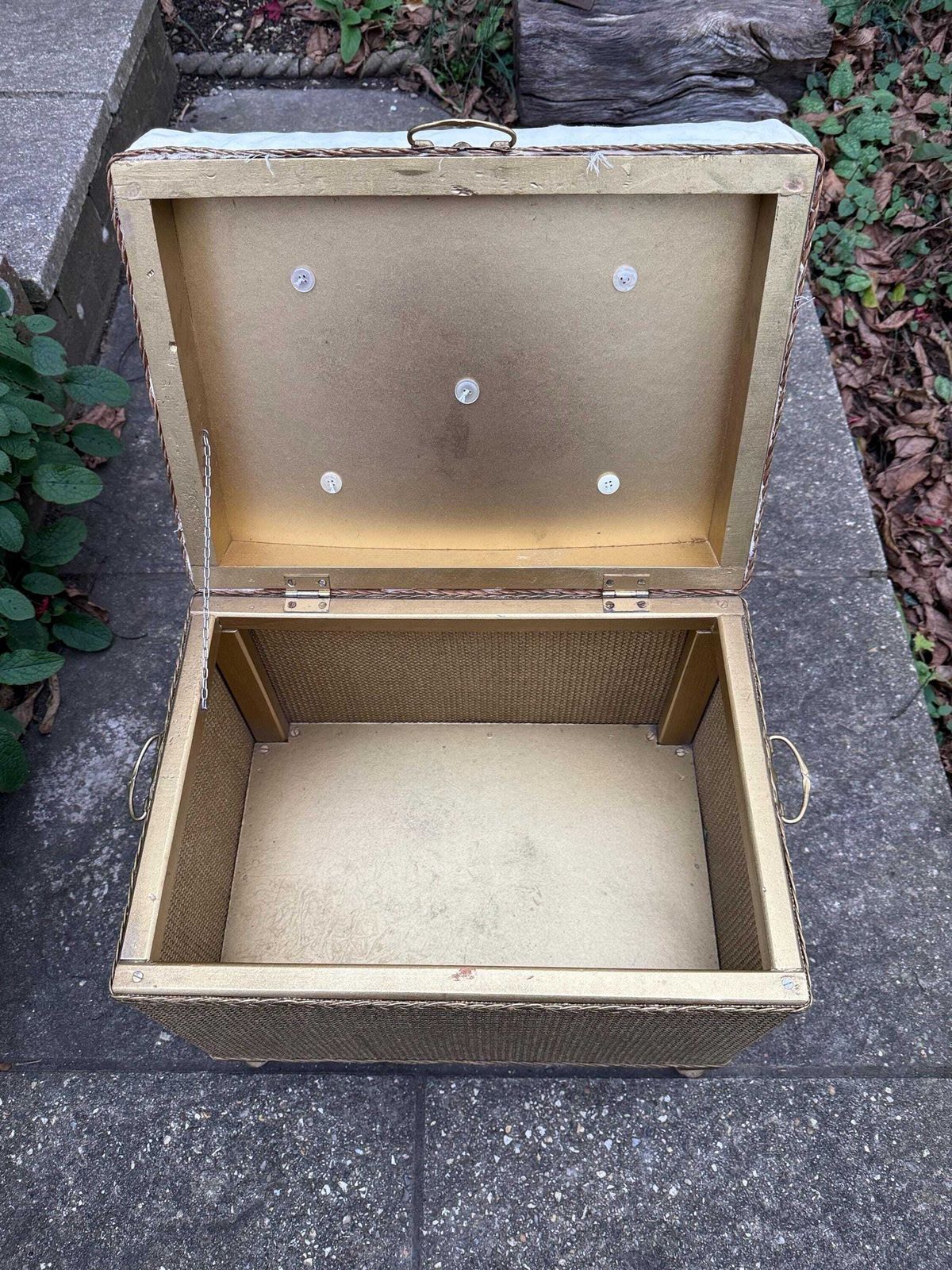 Mid Century Vintage Lloyd Loom Style Gold Linen Basket, Vintage Stool, With New Padded Seat Cover photo Furniture