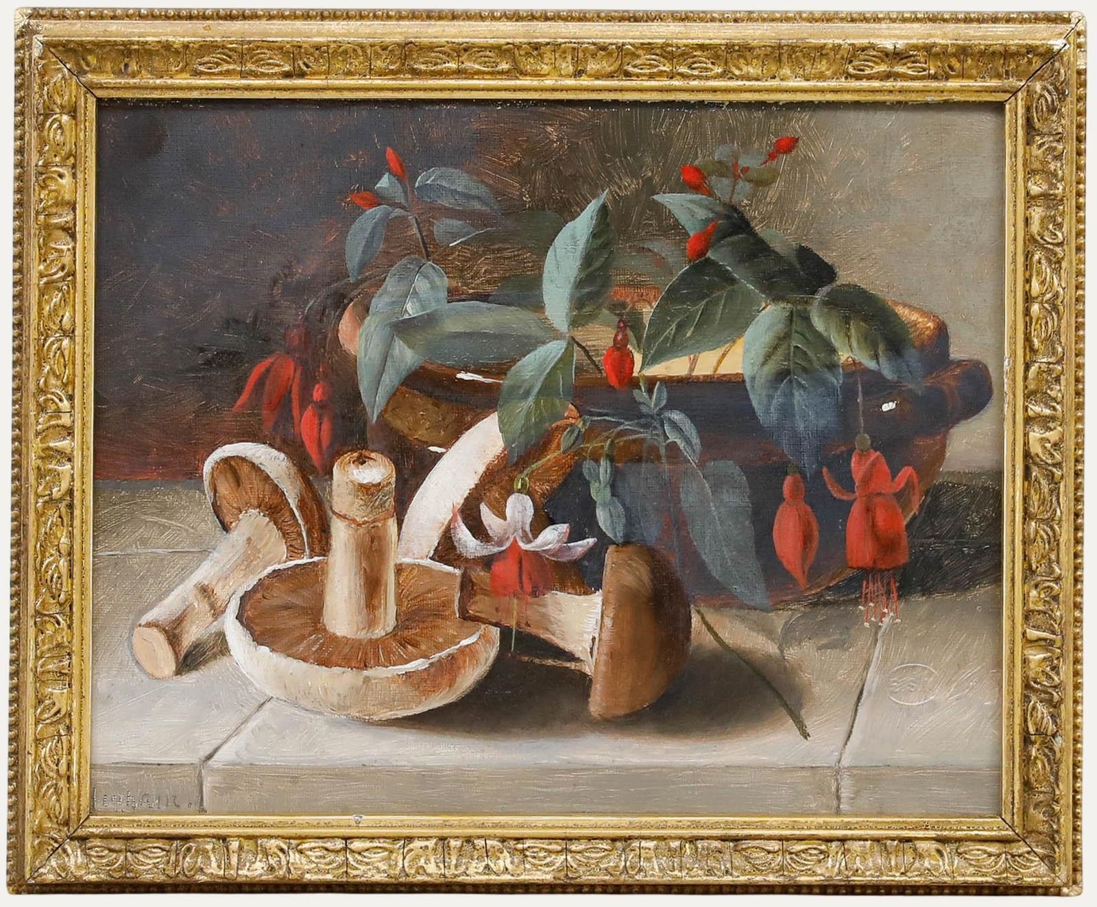 Higham Framed Early 20th Century Oil, Fuchsia And Mushrooms