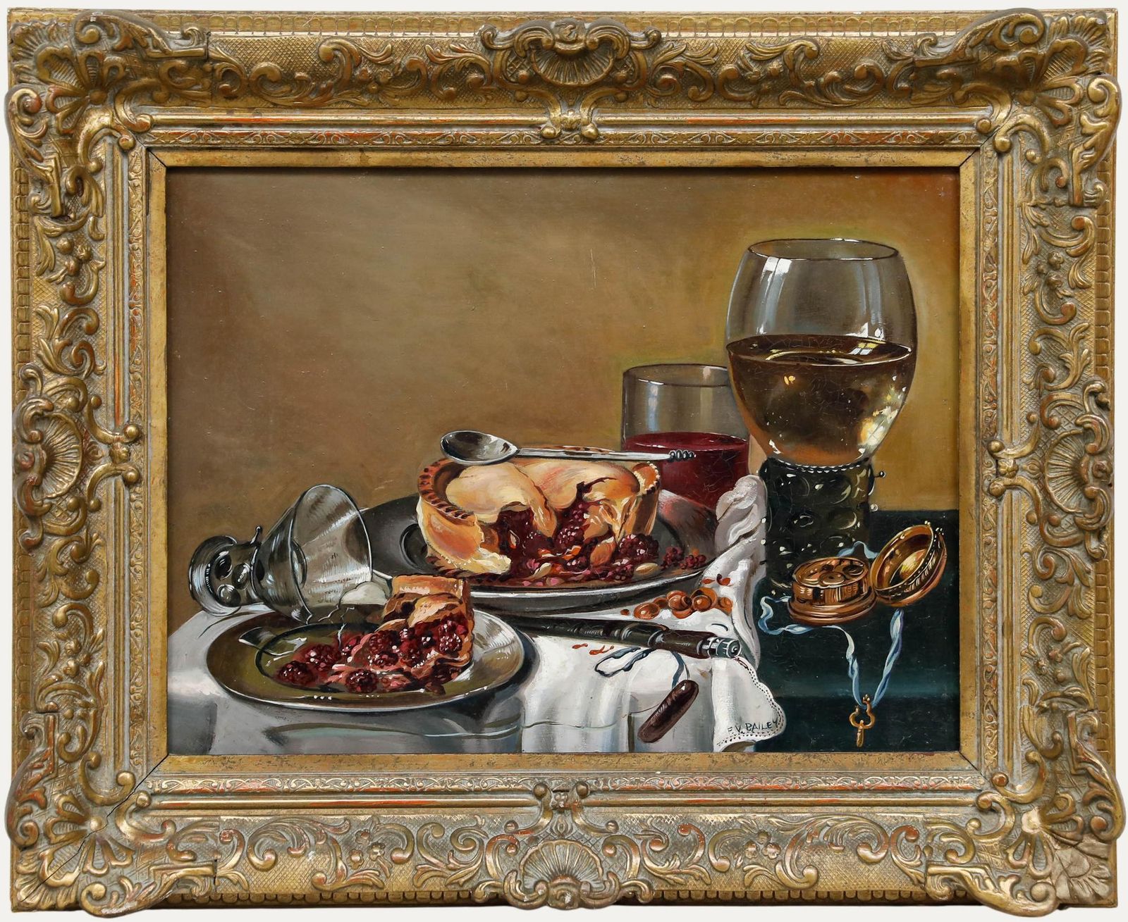 Frederick Victor Bailey (1919 1997) Oil, Still Life With Wine & Berry Pie
