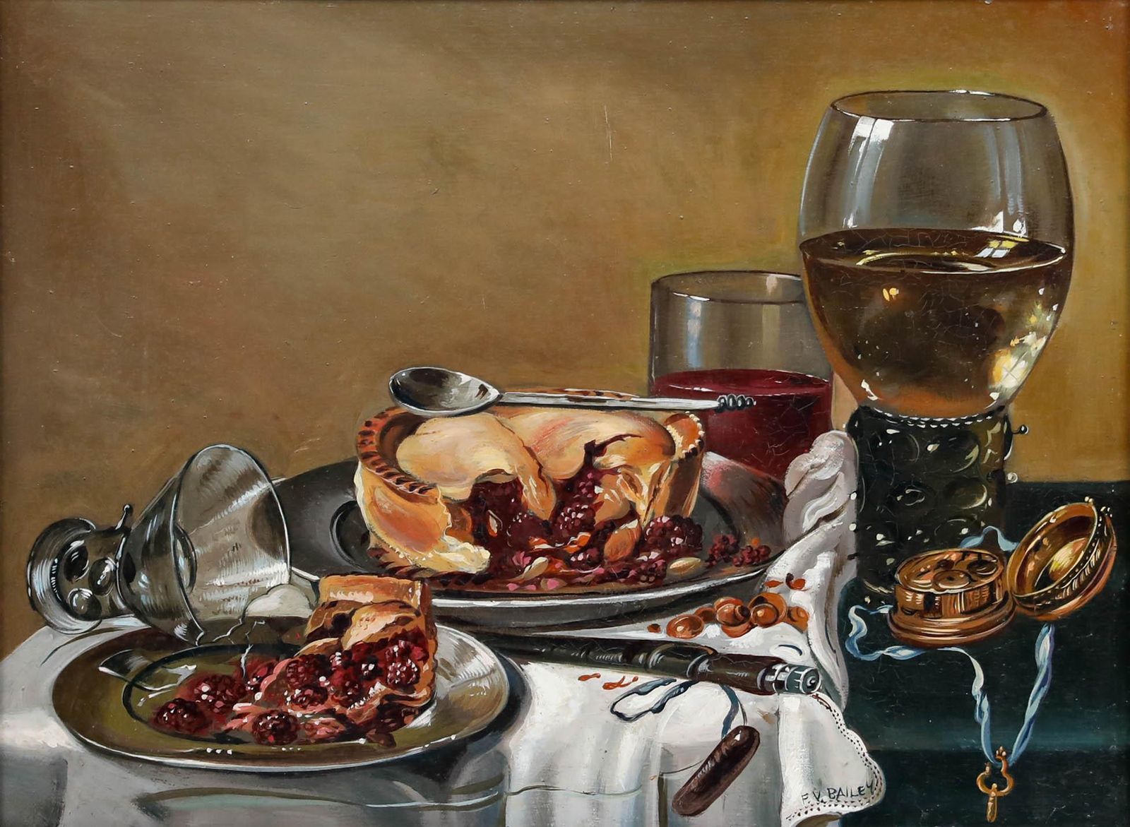 Frederick Victor Bailey (1919 1997) Oil, Still Life With Wine & Berry Pie photo furniture