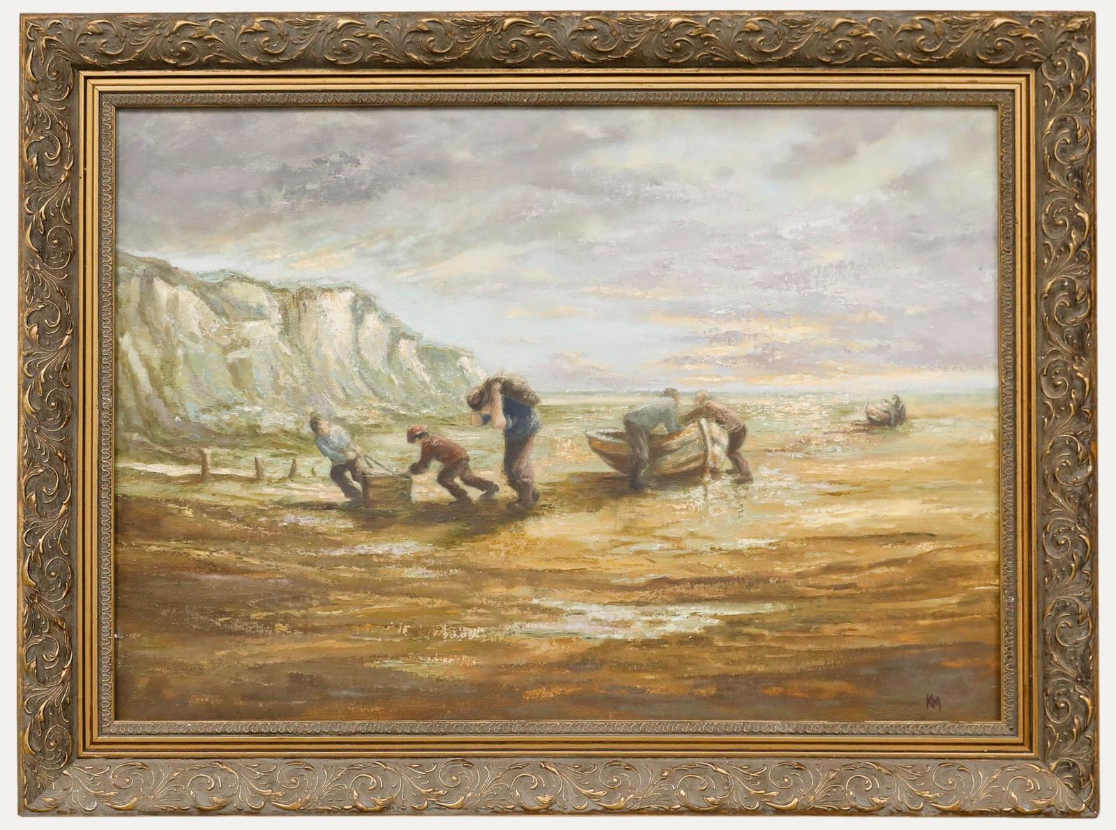 K.M Framed 20th Century Oil, Bringing The Boats Ashore