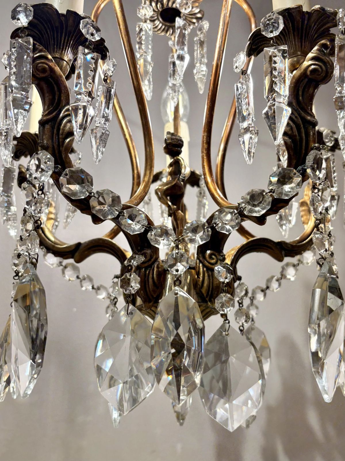 Italian Mid Century Gilded Brass Chandelier With Bohemian Crystal photo Lighting