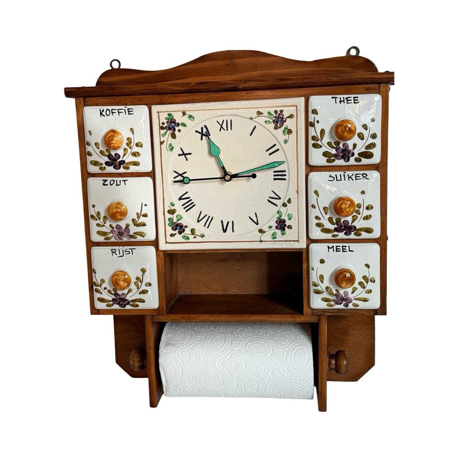 Antique Dutch Spice Rack / Kitchen Cabinet   Delft   Including Clock And Towel Dispenser   No Cracks, New Movement photo 414.0