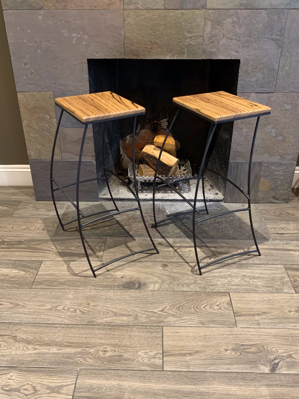 Pair Of Zebrano Wood And Wrought Iron Bar Stools photo for sale