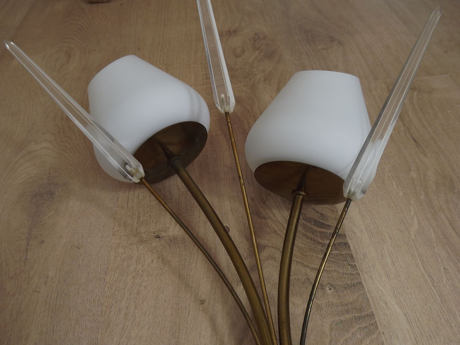 Mid Century French Brass Wall Sconces With Bullrush Design And Opaque Glass Shades photo for sale
