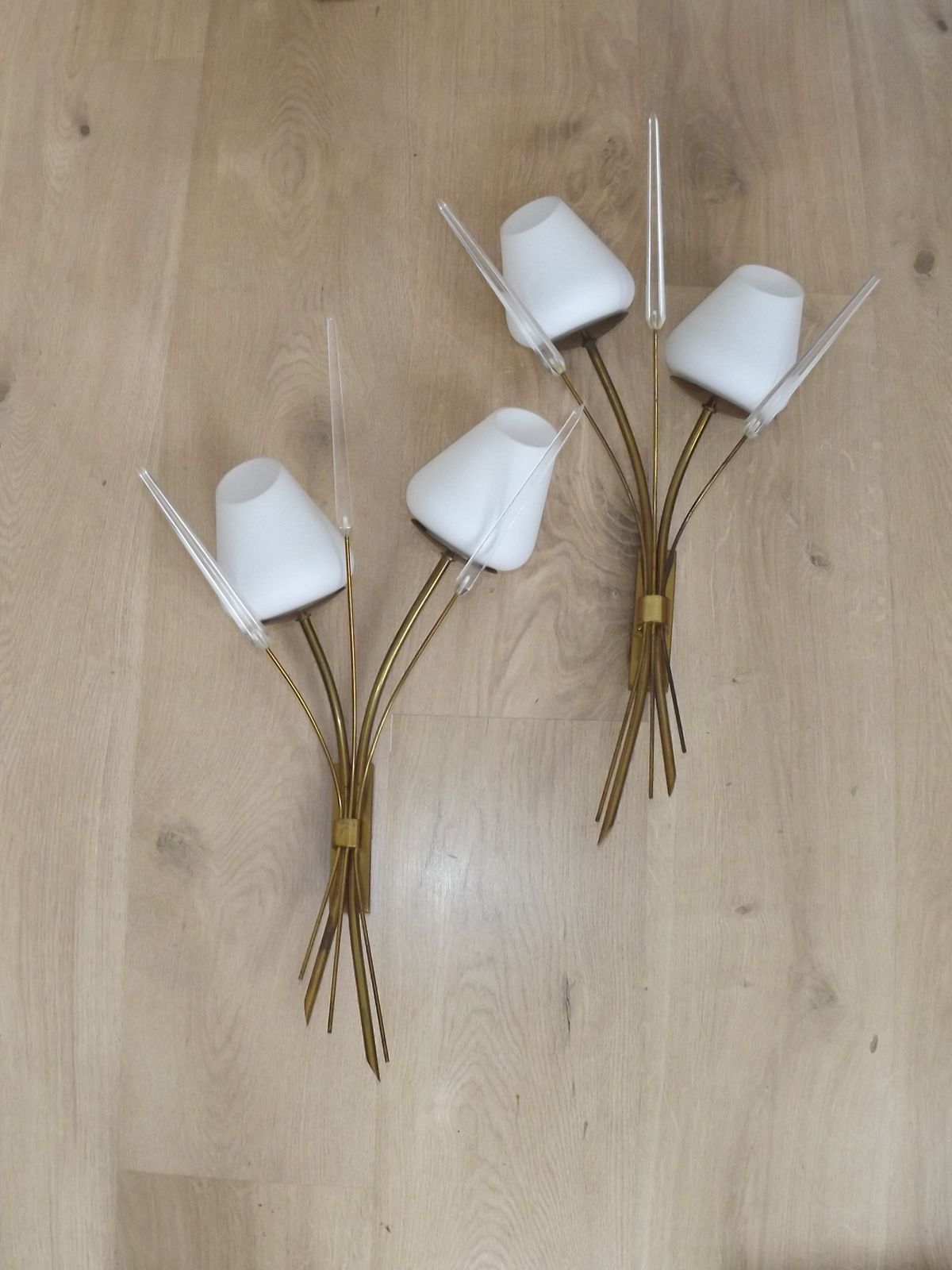 Mid Century French Brass Wall Sconces With Bullrush Design And Opaque Glass Shades photo 195.0