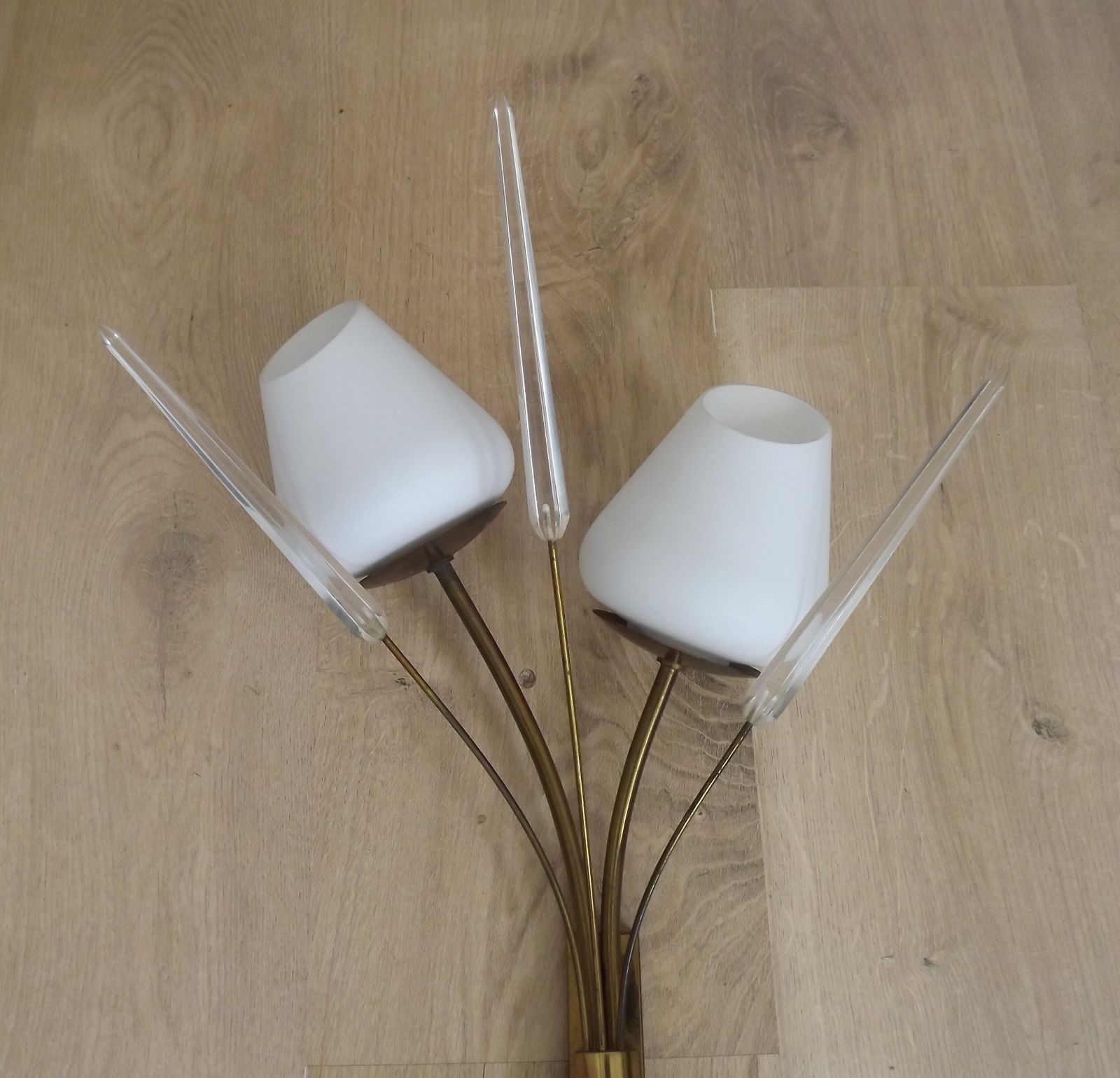 Mid Century French Brass Wall Sconces With Bullrush Design And Opaque Glass Shades photo vinterior