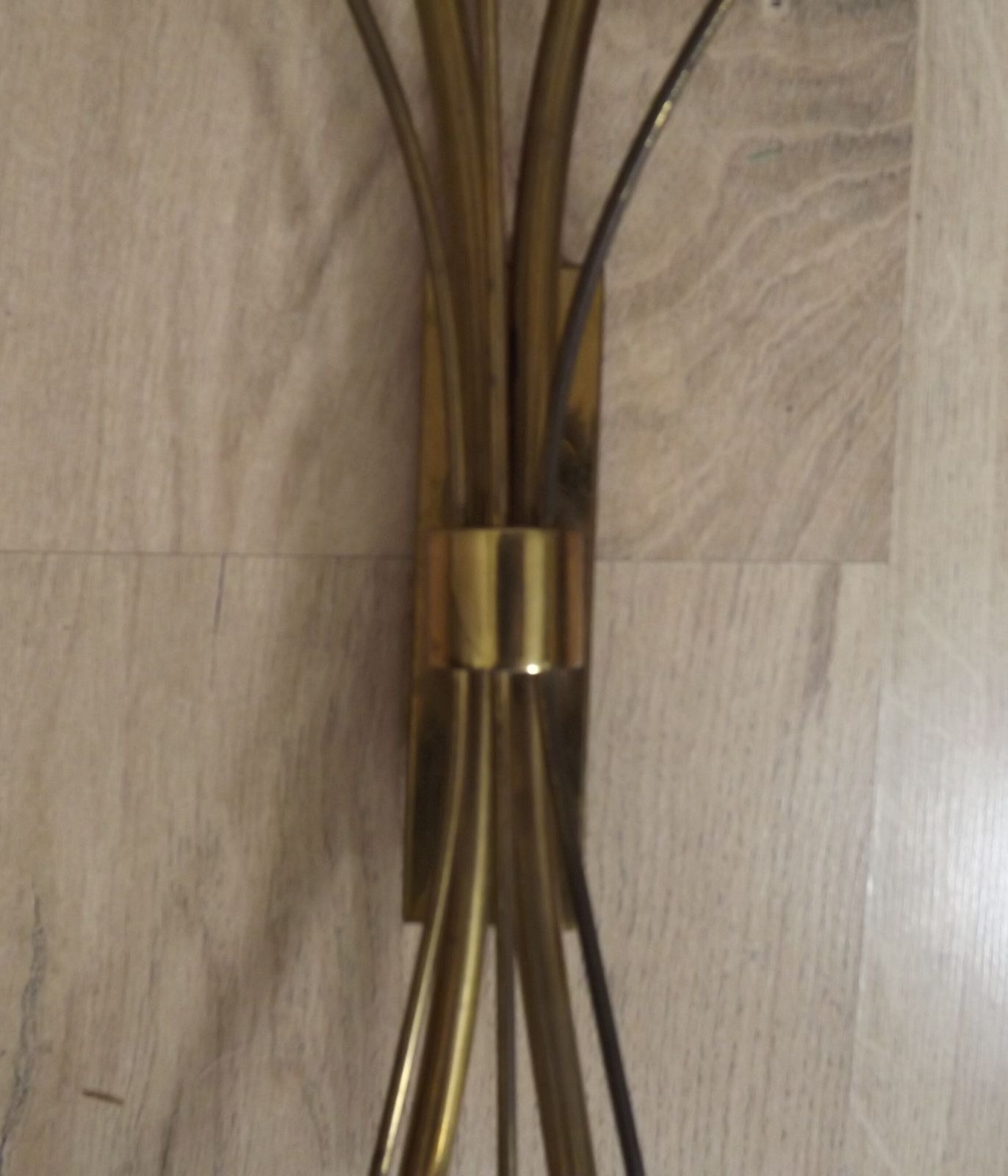 Mid Century French Brass Wall Sconces With Bullrush Design And Opaque Glass Shades photo buy