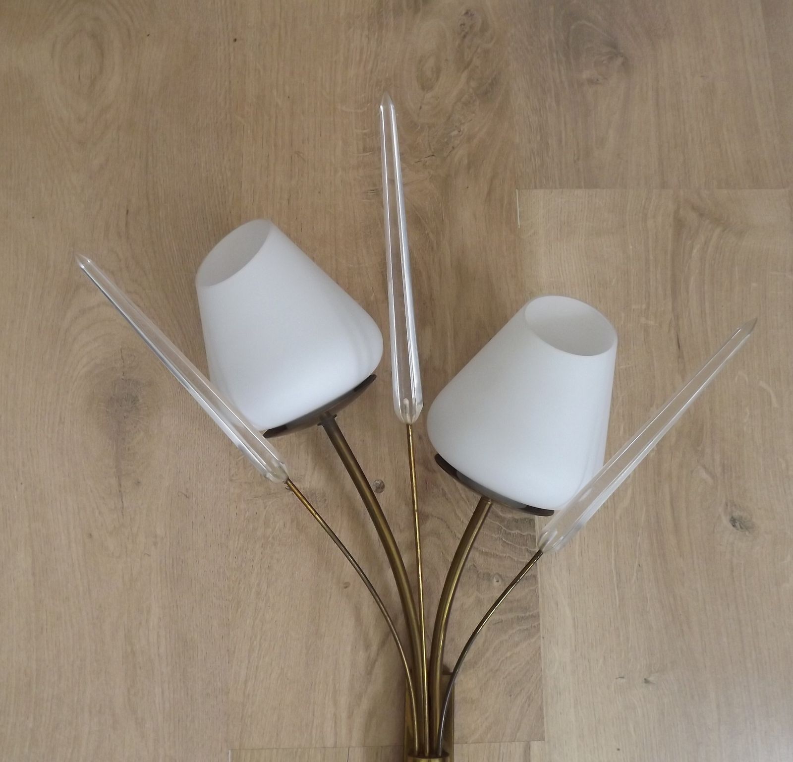 Mid Century French Brass Wall Sconces With Bullrush Design And Opaque Glass Shades photo vintage
