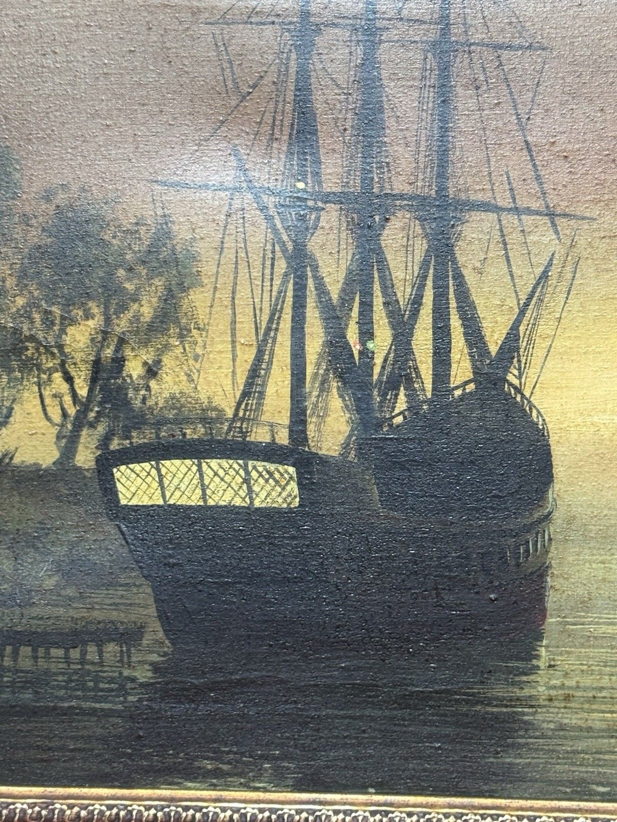 Moonlit Masted Galleon In Harbour Scene Oil Painting Signed Adams photo Art