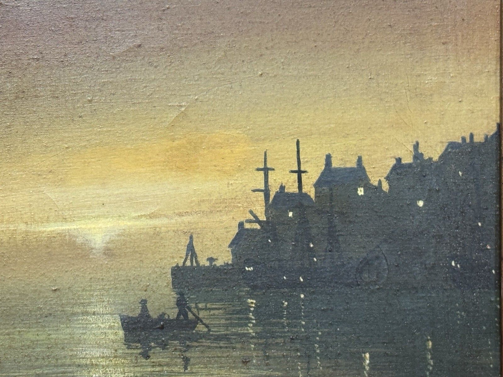 Moonlit Masted Galleon In Harbour Scene Oil Painting Signed Adams photo vinterior