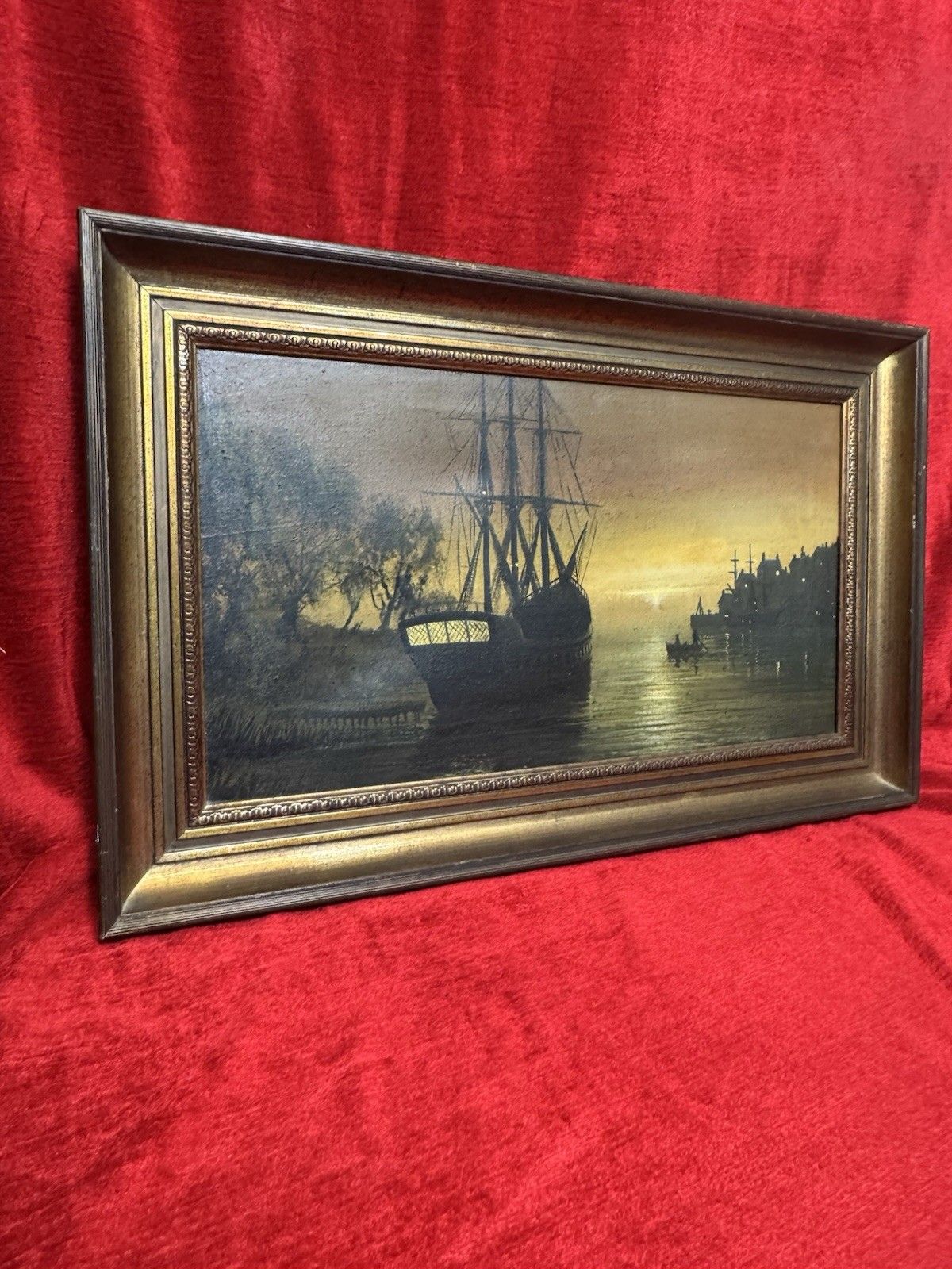 Moonlit Masted Galleon In Harbour Scene Oil Painting Signed Adams photo vintage