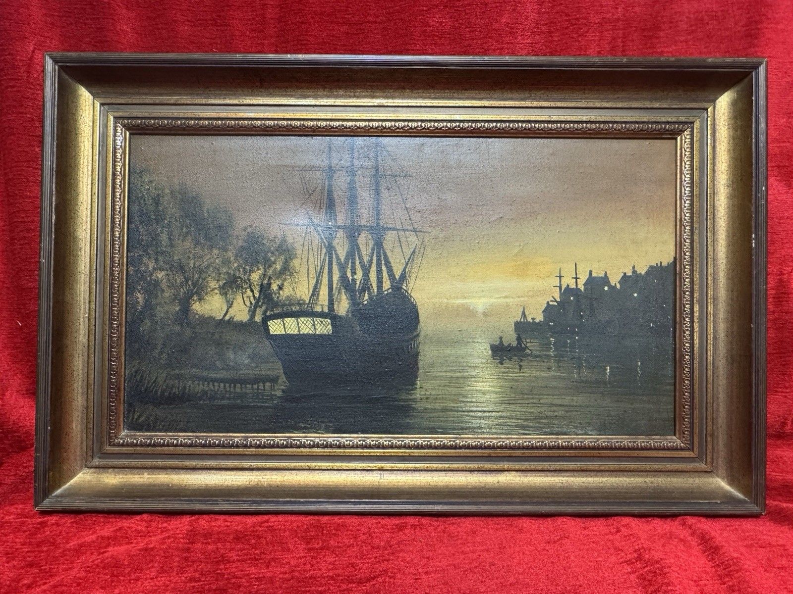 photo for sale Moonlit Masted Galleon In Harbour Scene Oil Painting Signed Adams
