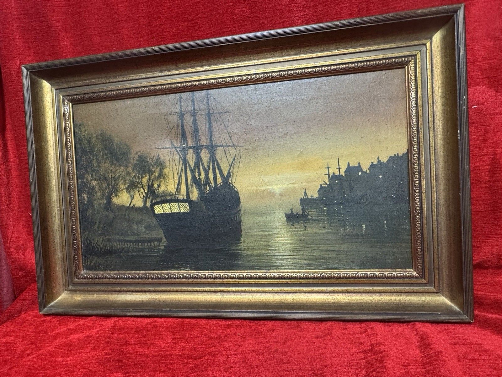Art Moonlit Masted Galleon In Harbour Scene Oil Painting Signed Adams photo