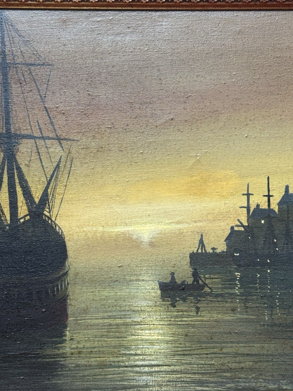 photo vintage Moonlit Masted Galleon In Harbour Scene Oil Painting Signed Adams