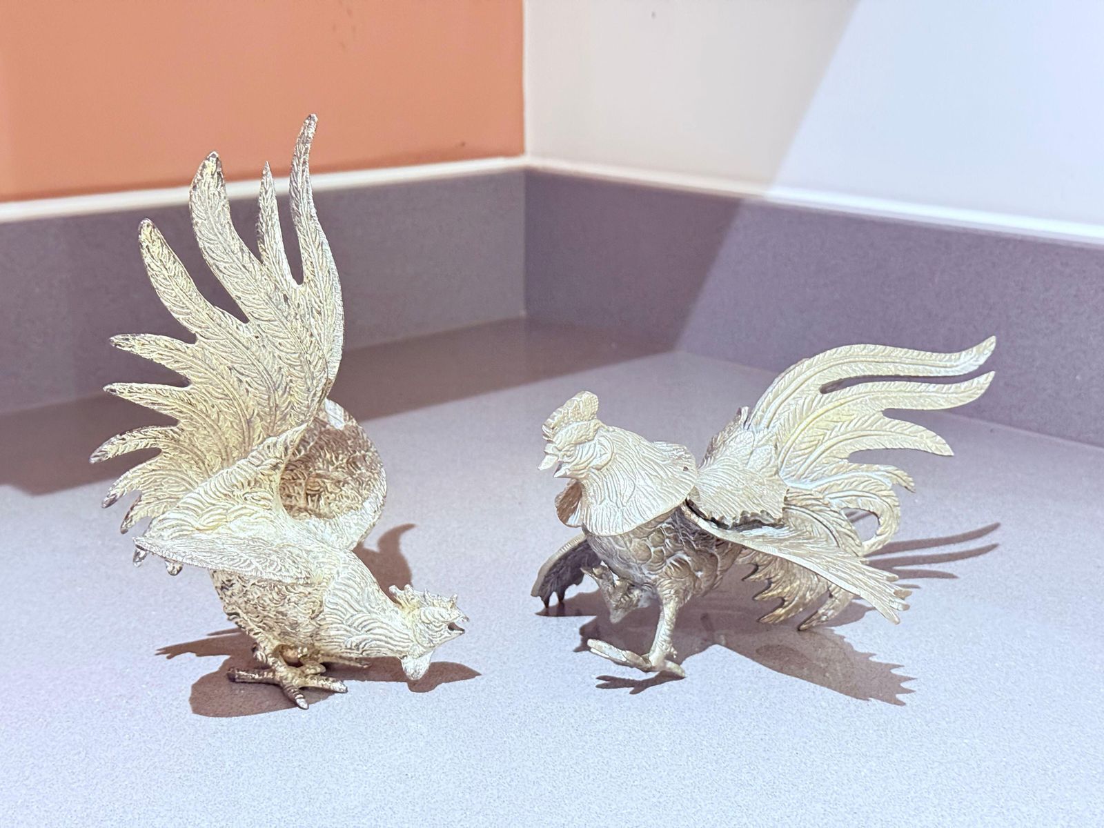 Antique Pair Of Silver Rooster Stand, Decoration For Home Décor, Animal Figure photo furniture